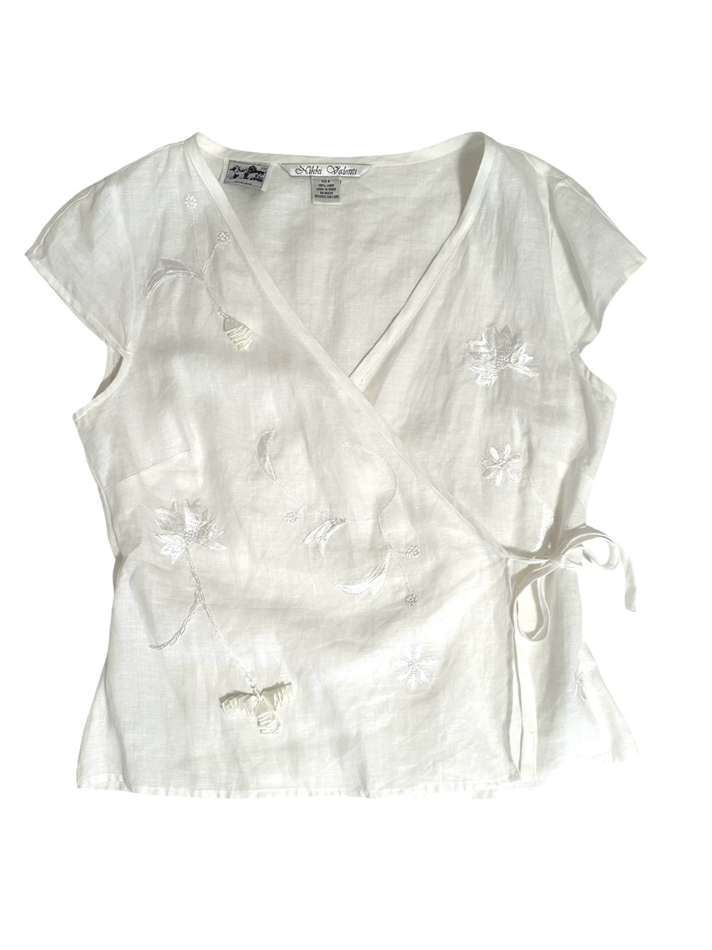 Nikki Valenti White Irish Linen Embroidered Wrap Top 8